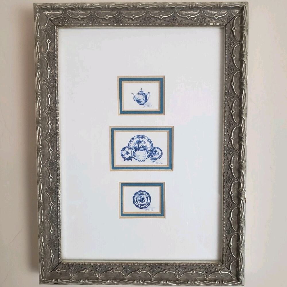 Watercolor Trio Of Miniature Paintings of Blue Porcelain Delftware. Amy R Walton